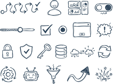 Hand drawn collection of business and technology icons featuring charts, arrows, security elements, and digital interface symbols