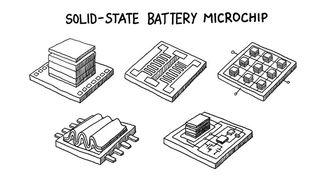 Hand-drawn illustration of solid-state battery microchip design concepts, semiconductor concepts