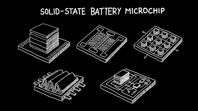 Hand-drawn sketch of solid-state battery microchip components, semiconductor concept, 4k animated video, alpha transparent video