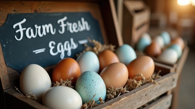 Wooden crate with assorted farm fresh eggs and hay, Easter farm stand display, natural egg selection