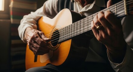Fototapeta premium A person playing an acoustic guitar with a white shirt on in a room with a bookshelf in the backgrou