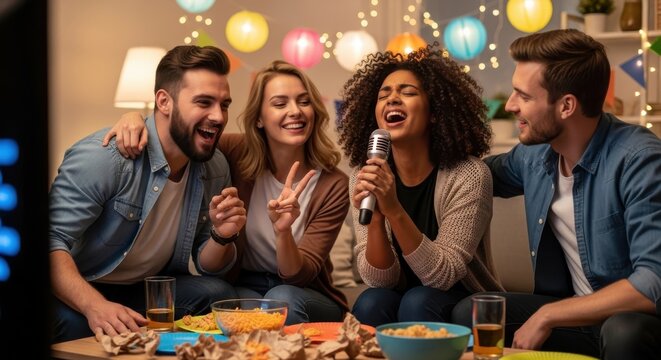 four friends laughing and having fun while singing karaoke together at home with snacks group of peo