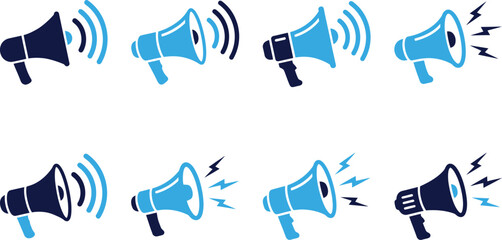 A collection of megaphones with sound waves and lightning bolts, isolated on a white background, for use in advertising, marketing, and educational materials.