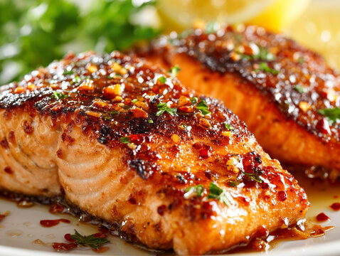 Close up of two grilled salmon fillets glazed with sweet chili and garlic sauce. This high quality gourmet shot represents healthy seafood, delicious dinner, and culinary expertise