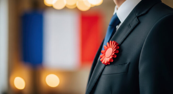 Businessman in a formal suit wearing a red rosette pin, standing against a blurred French flag, representing national politics and diplomatic official events.