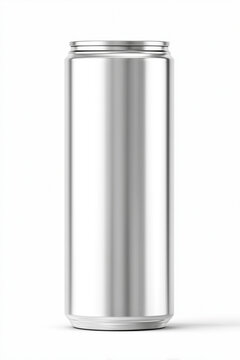 Metallic aluminum slim can mockup on a white background. Blank silver beverage container for energy drink, soda, or beer branding. Isolated 3D render for product design