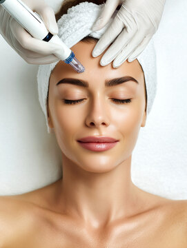 Young woman receiving professional microneedling fractional mesotherapy on her forehead. A beauty salon procedure for skin rejuvenation, anti-aging treatment, and glowing face care