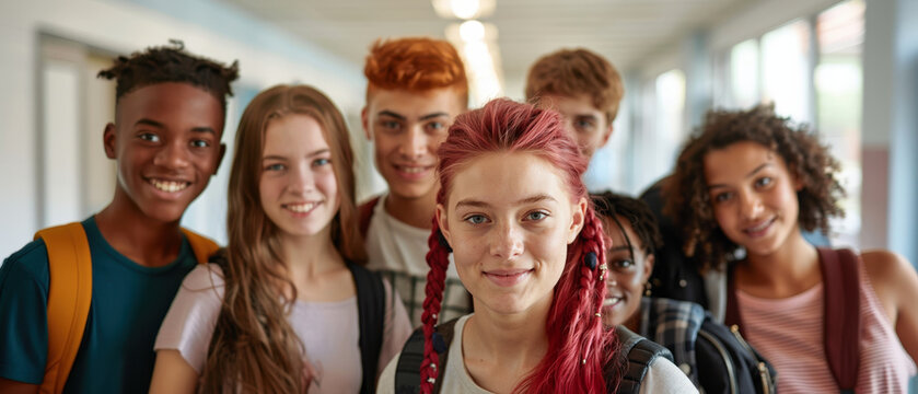  Diverse group of non-binary teenage friends taking a portrait together in a school hallway, inclusive generation Z lifestyle