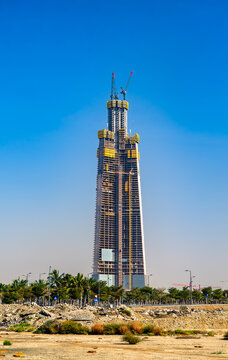 Jeddah, Saudi Arabia - February 11, 2026: The Jeddah Tower, currently under construction, rises above the Red Sea corniche in the Obhur Al-Shamaliyah district