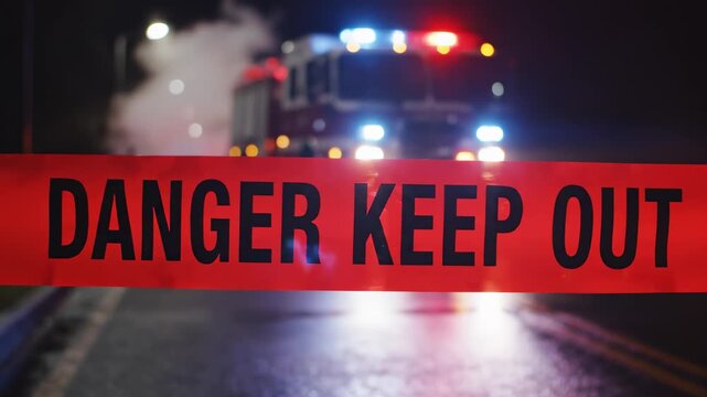 This captures a police car with flashing lights behind a danger keep out tape at night. The scene is set on a dark road with the car's lights illuminating the area.
