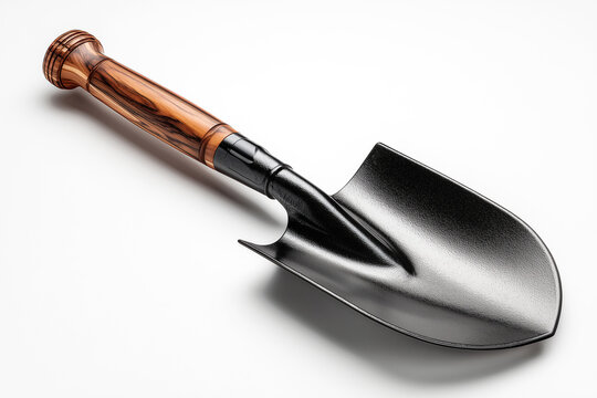 High quality studio shot of a classic sapper shovel with a polished wooden handle and black metal blade isolated on a white background. Perfect for gardening, camping, and survival