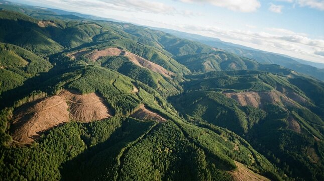 Aerial view shows widespread clear-cut deforestation in vast green mountain forest