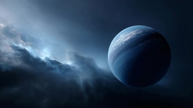 Distant frozen planet above luminous nebula in cinematic deep space composition. frozen planet, exoplanet, deep space, nebula, cosmos, galaxy, universe, astronomy, celestial, stars, sci fi background,
