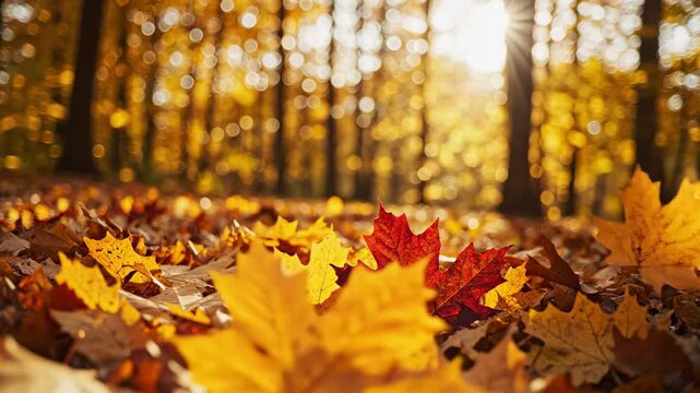 This captures a breathtaking autumn scene with a single red maple leaf standing out among a sea of golden and orange leaves in a sunlit forest. The vibrant colors and serene atmosphere evoke a sense