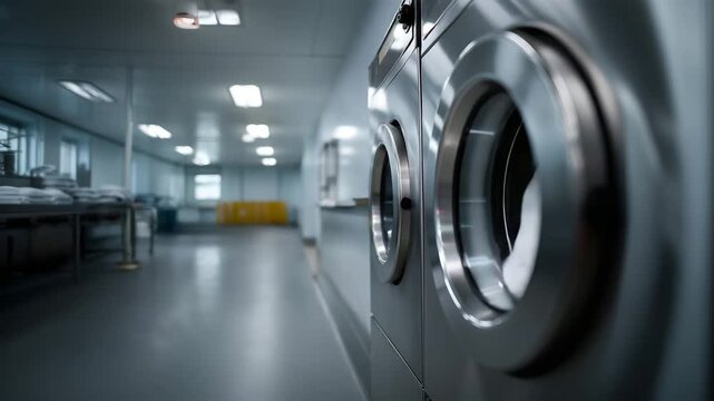Close-up perspective of industrial washing machines in a large professional laundry center, brushed stainless steel finish, high-capacity drum doors, organized facility