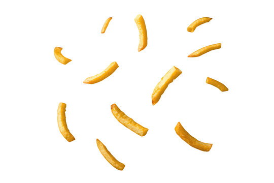 French fries falling creating motion effect, golden crispy potato snack food flying on transparent background