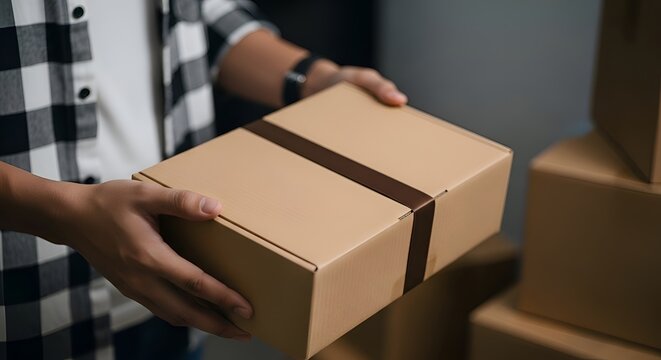 Man holding brown cardboard box with tape hands brown tape plaid shirt