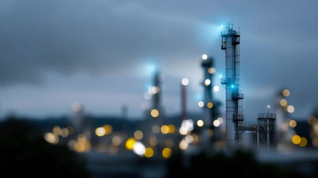 Industrial facility with clean modern warehouses and yellow vertical structures near city horizon. industrial facility, warehouses, factory exterior, industrial zone, yellow accents, skyline, manufact