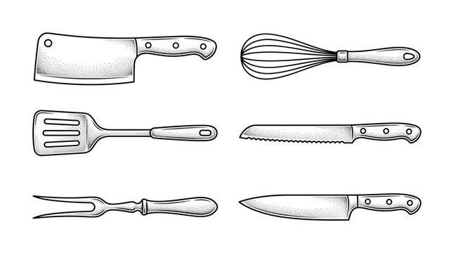 A set of kitchen utensils in a vintage engraving style. Includes knife, cleaver, whisk, and spatula. Perfect for restaurant menus, cooking blogs, or food packaging design.