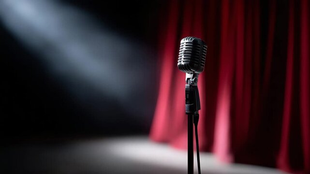 Elegant retro jazz club interior, polished brass vintage microphone front and center