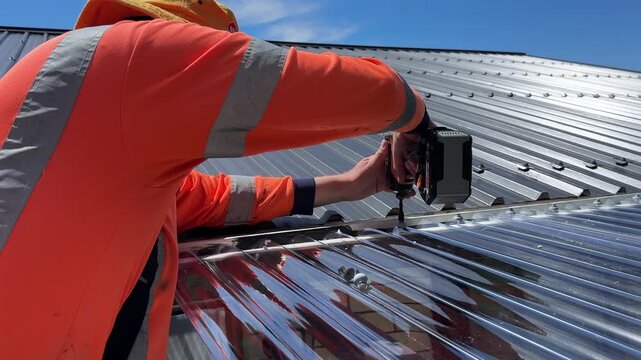 Worker using impact driver tool to install clear plastic roofing to a timber conservatory frame