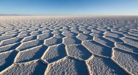Fototapeta premium Vast Hexagonal Salt Flats Under Clear Blue Sky.