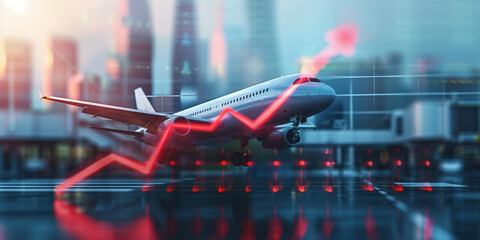Fototapeta premium Conceptual image of rising airfare driven by higher fuel prices, with an airplane silhouette above stacked coins and an upward red graph line against a blurred city background