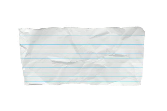 Crumpled lined paper torn piece with ragged edges, blank white note pad education concept, transparent background