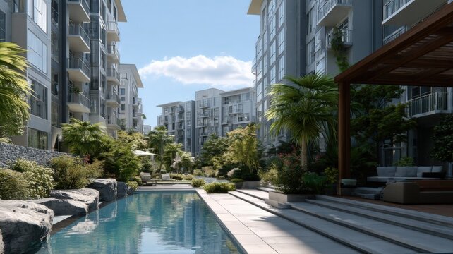 Modern Luxury Apartment Complex with Resort-Style Pool and Lush Landscaping