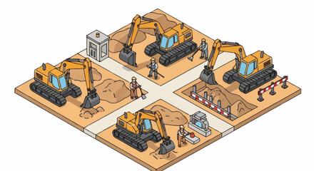 Heavy construction equipment excavators at work. © Sun