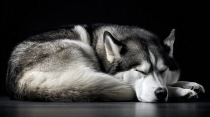 Fototapeta premium Peaceful Siberian Husky Dog Sleeping Curled Up on Dark Background, Serene Canine Rest