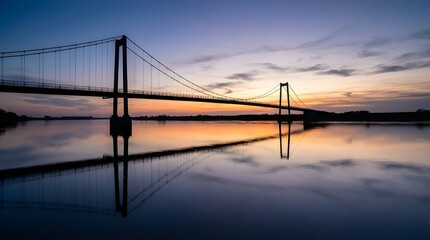Fototapeta premium Dramatic suspension bridge silhouette at sunset, calm water reflection, vibrant twilight sky, engineering marvel, travel destination