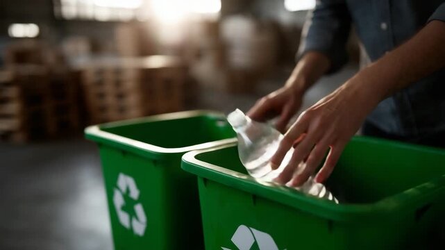 Hands Sorting Plastic and Metal into Green Recycling Bins, recycling bins, waste sorting, plastic bottle recycling, recycling symbol, sustainable waste management, household recycling