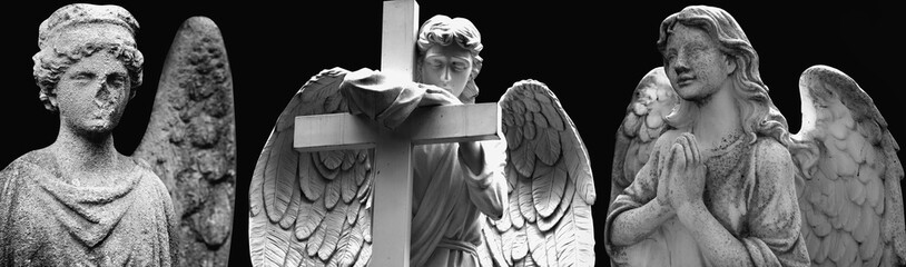 Fototapeta premium Panoramic banner with stone angel statues and cross on black background, Christianity concept of faith, prayer, mourning, remembrance and spirituality
