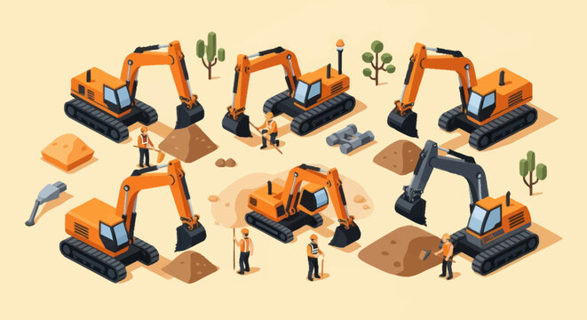 Group of excavators on construction site.