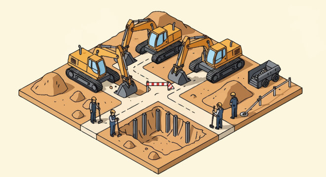 Construction site with workers and excavators.