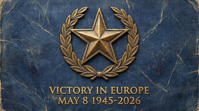 81st VE Day Anniversary Star Emblem 2026. Golden star emblem with laurel wreath on distressed navy background celebrating Victory in Europe May 8 1945-2026