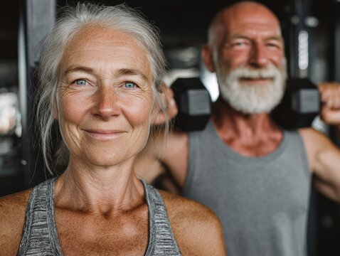 Active senior couple smiling in gym, woman in foreground, man lifting weights