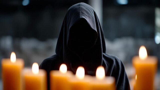 Mysterious cloaked person in shadow with candlelight creating eerie spiritual atmosphere. hooded person, candlelight, mystery, occult, dark, ritual, spiritual, enigmatic, meditation, moody, dramatic l