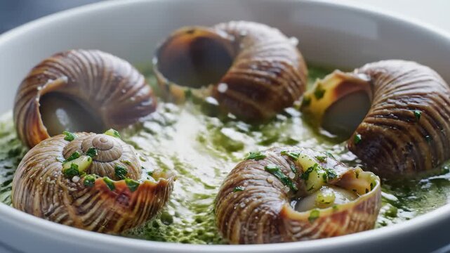 Close-Up of Escargots Cooked in Garlic Butter and Herbs in a White Dish