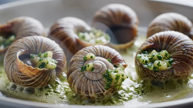 Close-Up of Escargots Cooked in Garlic Butter and Parsley, Served in Shells