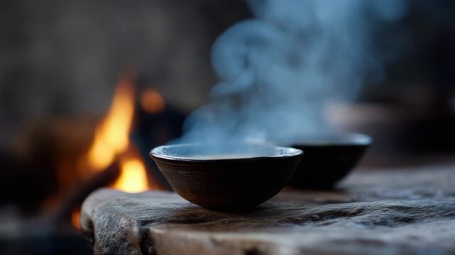 steaming bowl, hot food, rustic table, firelight background, outdoor dining, cozy atmosphere, warm meal, smoke steam, wooden surface, campfire cooking