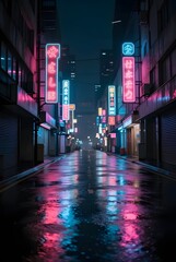 Fototapeta premium neon cyberpunk street rain, wet alley night, glowing signs japan, futuristic city vibe, rainy neon alley, cyber city night, pink blue neon, urban cyberpunk, night rain street, tokyo inspired neon