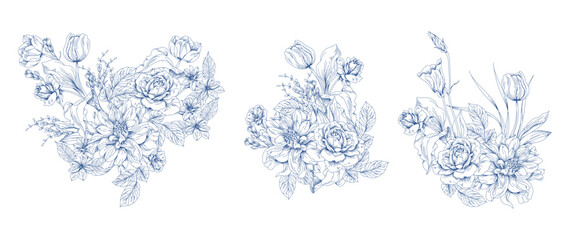 Line flower bouquet illustration. Hand draw blooming collection. © akın demirci
