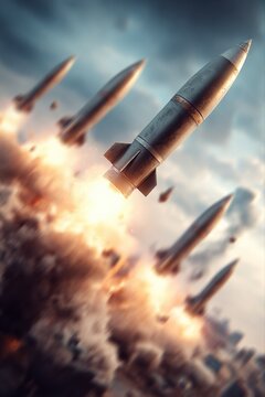 Multiple ballistic missiles launching with fiery exhaust trails into a cloudy sky