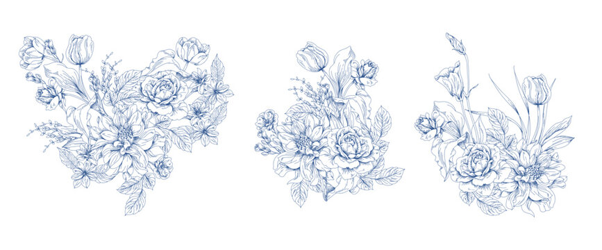 Line flower bouquet illustration. Hand draw blooming collection.