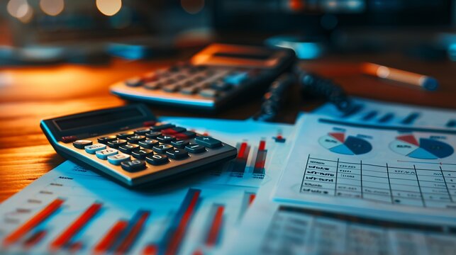 Close up of calculator and financial documents on wooden desk with warm lighting