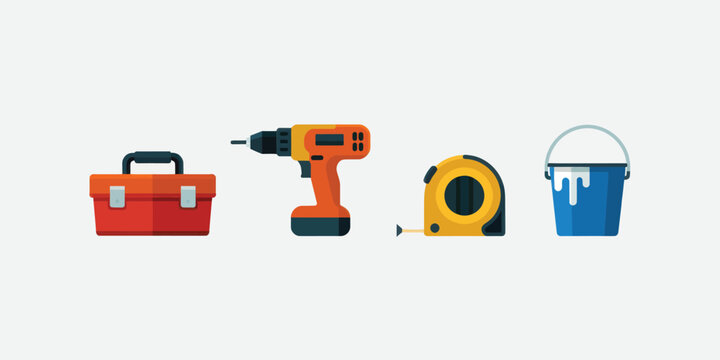 Construction Tools Icons Set Toolbox Drill Tape Measure Paint Bucket for DIY Home Improvement and Repair