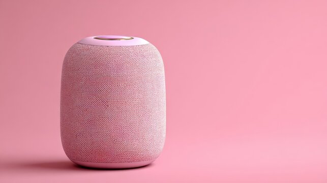 Close-up of a stylish pink smart speaker against a monotone pink background, exuding minimalism and contemporary design for modern interiors.