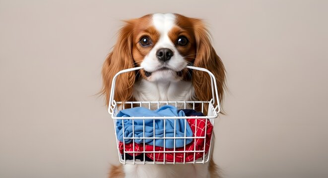 Cavalier king charles spaniel dog sitting in a white wire shopping basket with blue and red